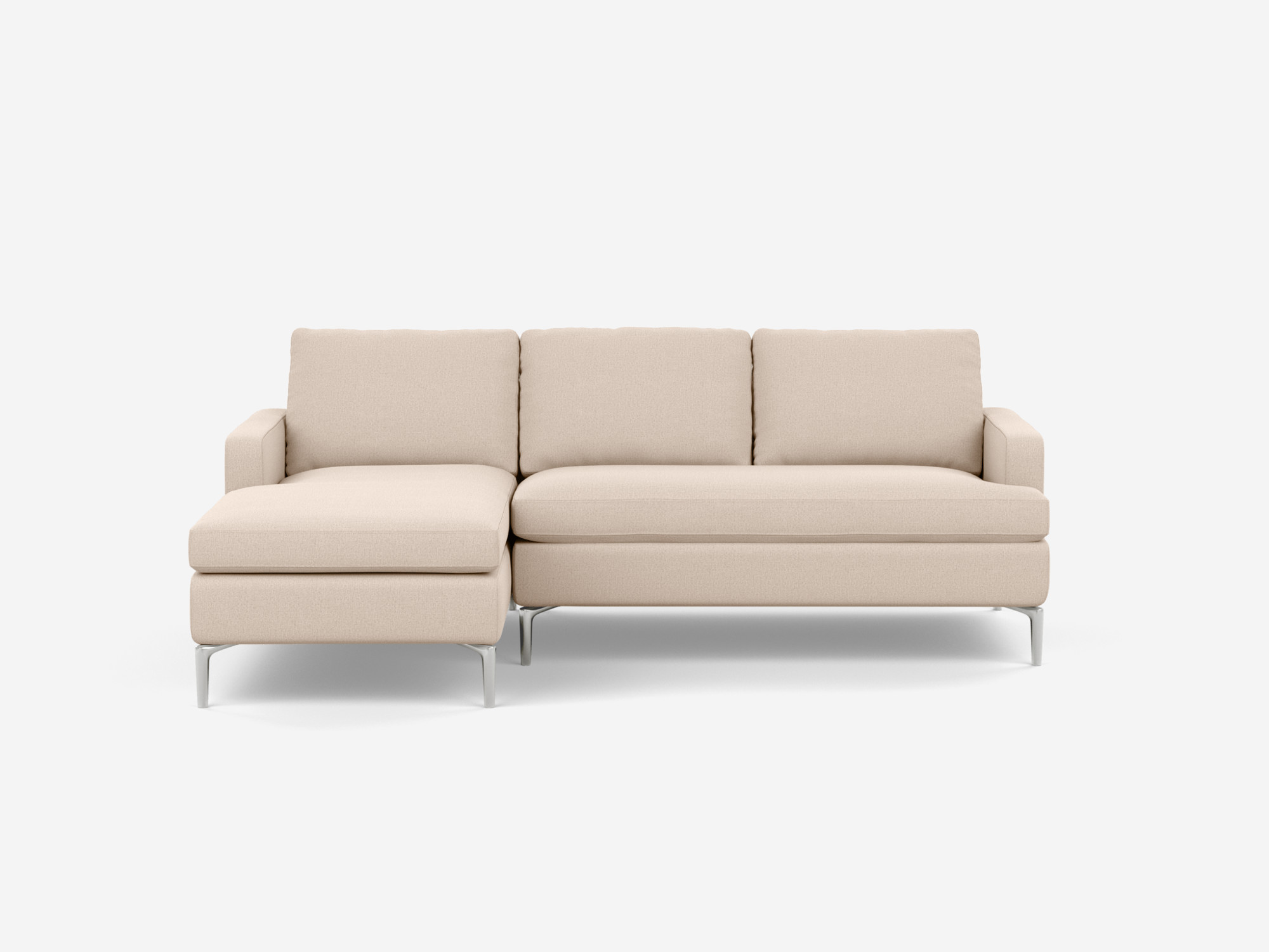 Front view of the Eve mid century sectional in white fabric with left chaise